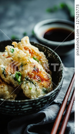Japanese vegetable tempura with dipping sauce. 127625778