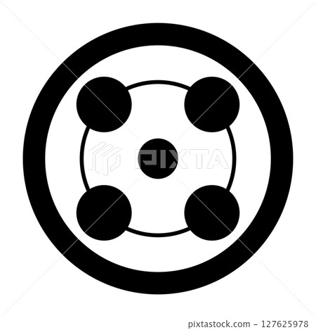 Five circles arranged in the shape of a dice face of five pips, surrounded and connected by two circles. Perhaps a reference to 5 elements or 5 dimensions. Crop circle pattern found 2025 in Wiltshire. 127625978