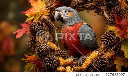 Vibrant parrot perched on autumn themed wreath with pinecones and corn, surrounded by colorful leaves 127625997