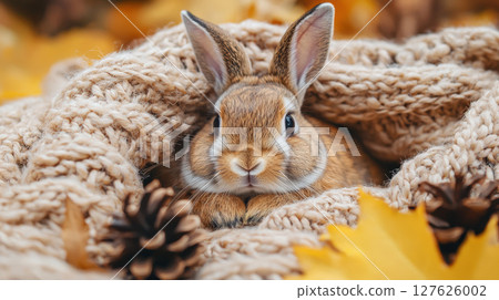 Cute rabbit snuggled in cozy knitted blanket surrounded by autumn leaves and pinecones Cute rabbit snuggled in cozy knitted blanket surrounded by autumn leaves and pinecones 127626002