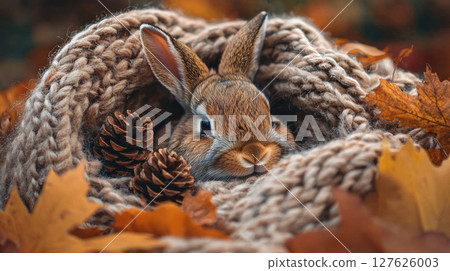 Cute rabbit nestled in cozy knitted blanket surrounded by autumn leaves and pinecones Cute rabbit nestled in cozy knitted blanket surrounded by autumn leaves and pinecones 127626003