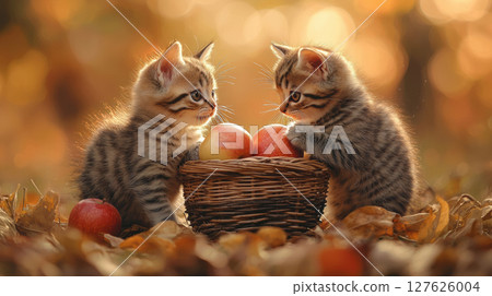 Two adorable kittens curiously playing with basket of apples in warm autumn setting Two adorable kittens curiously playing with basket of apples in warm autumn setting 127626004