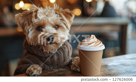 Cute dog in cozy sweater sits at cafe table with cup of coffee, creating warm and inviting scene 127626006