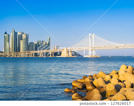 Busan: Gwangan Bridge and The Bay 101 skyscrapers in the evening glow Busan: Gwangan Bridge and The Bay 101 skyscrapers in the evening glow 127626017