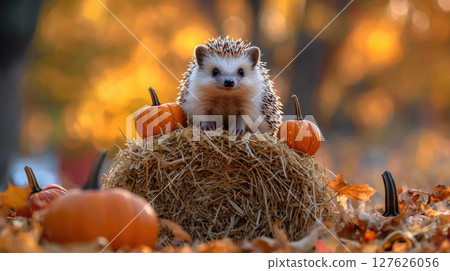 Cute hedgehog sits on hay bale surrounded by pumpkins and autumn leaves 127626056