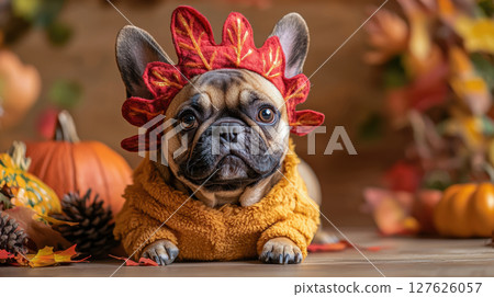 French bulldog in festive autumn costume with pumpkins and leaves 127626057