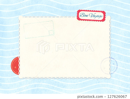 Horizontal travel background with retro postcard on vintage paper of blue color and wave pattern. Bon Voyage - Have a nice trip, in French. Topic of travel, trip abroad on vacation, cruises and tours 127626067