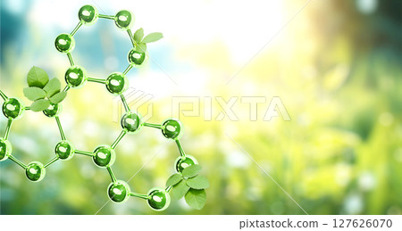 Horizontal sunny background with organic molecular structure with green hues and leaves. 3d glass atom model with leaf. Ecology, go green, Green Energy, environmental, conservation protection concept Horizontal sunny background with organic molecular structure with green hues and leaves. 3d glass atom model with leaf. Ecology, go green, Green Energy, environmental, conservation protection concept 127626070