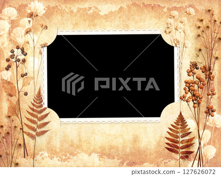 Vintage album page with retro photo frame. Retro background with old blank photo, dry pressed leaves and flowers on paper texture. Nostalgic scrapbooking style. Mock up template. Copy space for text 127626072