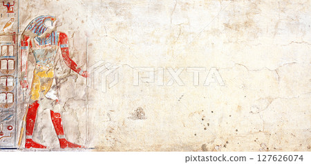 Horizontal background with ancient Egyptian-inspired colorful wall painting that evokes atmosphere of Egypt. Backdrop with figure of god Horus, creating a sense of grandeur and regality 127626074