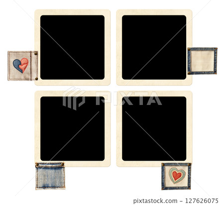Set of retro frame photos with denim patch. Collection of photoframe with jeans labels for scrapbooking. Vintage style decor. Isolated on white. Retro-styled framed photograph featuring denim patch 127626075