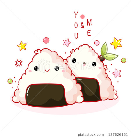 Valentine card with two Onigiri characters kawaii style with smiling faces. Greeting card with cute Japanese traditional cuisine dishes. You and me. Can be used for t-shirt print, sticker. Vector EPS8 Valentine card with two Onigiri characters kawaii style with smiling faces. Greeting card with cute Japanese traditional cuisine dishes. You and me. Can be used for t-shirt print, sticker. Vector EPS8 127626161