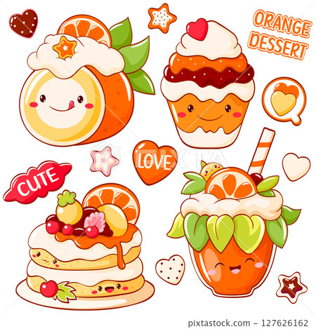 Orange dessert collection. Set of stickers with cute character in kawaii style. Cake, muffin, smoothie with whipped cream and citrus. Can be used for t-shirt print, sticker, greeting card. Vector EPS8 127626162