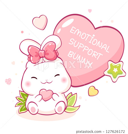 Emotional support bunny. Friendly little bunny with heart. Adorable kawaii pet. Trust, help, protection and emotional guidance concept. Vector poster for nursery, greeting card, print, kid t-shirt 127626172
