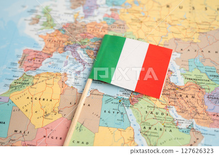 Bangkok, Thailand May 7, 2024, Italy flag on world map. Bangkok, Thailand May 7, 2024, Italy flag on world map. 127626323