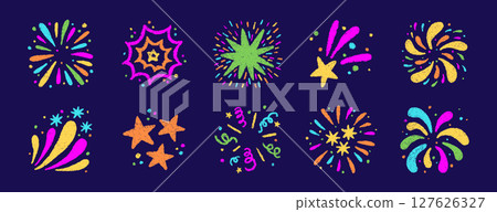 Crayon doodle firework symbol. Hand drawn firework pencil sketch. Chalk color magic sparkle. Crayon texture starburst. Vector illustration on white background 127626327