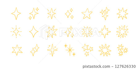 Doodle glitter twinkle star icons set. Yellow hand drawn shine star burst symbol. Sketch magic blink collection. Doodle spark line icons. Vector illustration on white background 127626330
