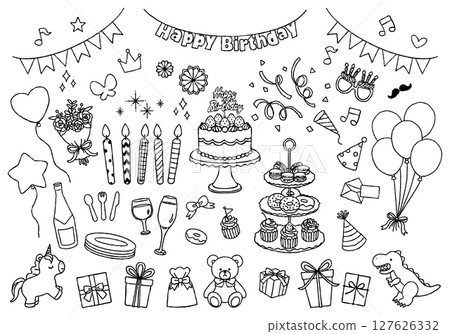 生日派對插圖集,手繪黑白線畫 生日派對插圖集,手繪黑白線畫 127626332