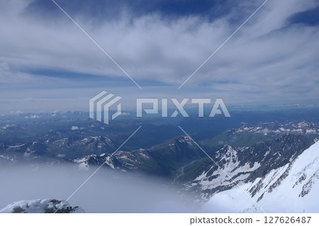 Tranquil Lake With Lush Green Forest, Snow-Capped Mountain, Blue Sky And White Clouds Tranquil Lake With Lush Green Forest, Snow-Capped Mountain, Blue Sky And White Clouds 127626487