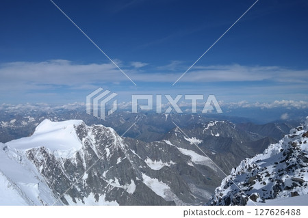 Tranquil Lake With Lush Green Forest, Snow-Capped Mountain, Blue Sky And White Clouds 127626488