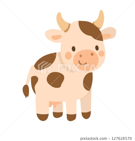 Cute cartoon cow with brown spots and horns stands smiling on a white background, perfect for farm animal illustrations, kids books, or dairy-themed graphics Cute cartoon cow with brown spots and horns stands smiling on a white background, perfect for farm animal illustrations, kids books, or dairy-themed graphics 127626570