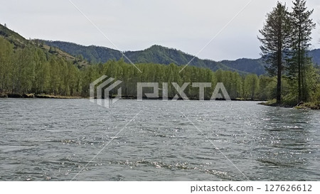 Scenic River Landscape with Forest and Mountains, Serene Nature Vista for Travel and Adventure 127626612
