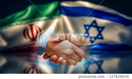 Hopes for peace in the Middle East, Iranian and Israeli leaders shake hands, symbolizing unity and change 127626630