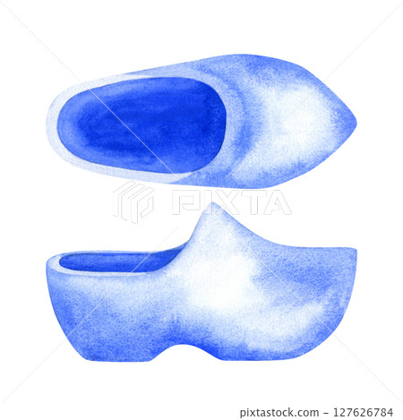 Sabots in blue-and-white Delftware style, classic ceramic art. Perfect for souvenirs, postcards, kitchen decor, or branding with a nostalgic, romantic 127626784