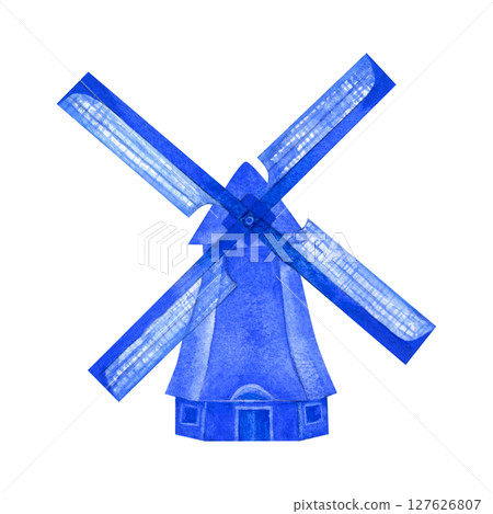 Old mill in blue-and-white Delftware style, classic ceramic art. Perfect for souvenirs, postcards, kitchen decor, or branding with a nostalgic, romantic 127626807