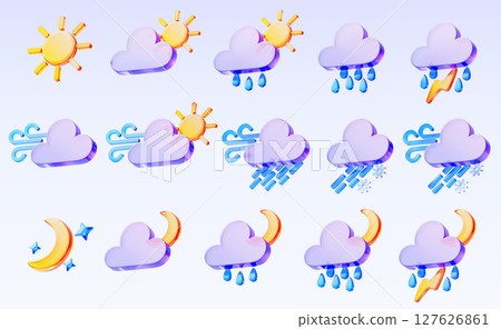 3d weather forecast widget icons. Render set of sun, moon and stars. Glass holographic clouds with wind, rain, thunderstorm, lightning, storm, rainfall and snow for meteorology app. 3D illustration 127626861