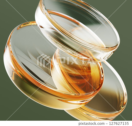 Abstract green 3d background with gold glass round discs. Luxury crystal cylinders, golden circle plates, transparent geometric shapes with light refraction, render minimal wallpaper. 3D Illustration Abstract green 3d background with gold glass round discs. Luxury crystal cylinders, golden circle plates, transparent geometric shapes with light refraction, render minimal wallpaper. 3D Illustration 127627135