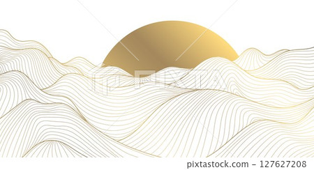 Vector sunset, sunrise line gold on white background. Mountains, sea waves, hills, desert japanese art. Minimalist adventure peaceful oriental landscape Vector sunset, sunrise line gold on white background. Mountains, sea waves, hills, desert japanese art. Minimalist adventure peaceful oriental landscape 127627208