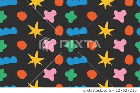 Abstract patterned background with hand-drawn colorful shapes. Trendy colored design template for greeting card, web banner, packaging, cover, textile, wrapping paper. 127627216