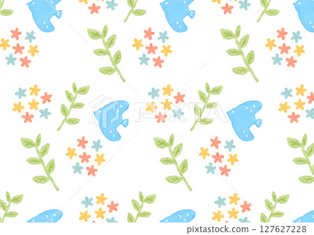 鳥類、花朵和樹葉的溫馨背景插圖 127627228