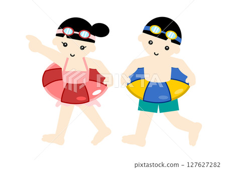 Asian boy and girl walking with swim rings 127627282
