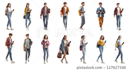 Cutout of people walking with smartphones (transparent background) 127627386
