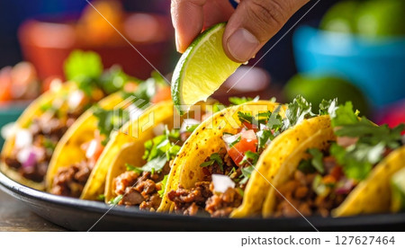 Delicious grilled or fried chicken meals with colorful vegetables, rice, or salad on a plate 127627464