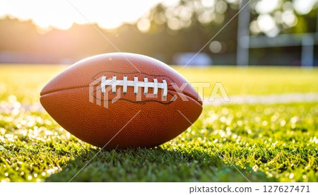 American football on a green grass field with a brown leather ball, perfect for sports and game-related images 127627471