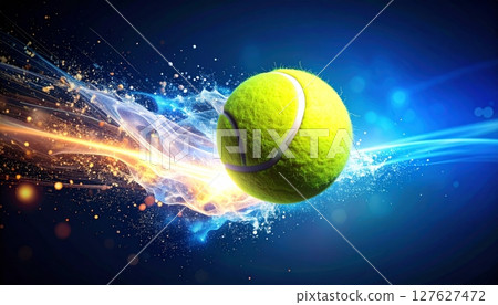 Close-up of a bright tennis ball and racket on a green court, ready for play 127627472