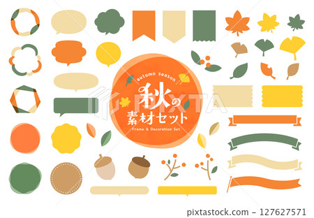一套秋季框架和裝飾材料：裝飾品、氣泡、裝飾品、絲帶、插圖、簡單、秋葉 127627571