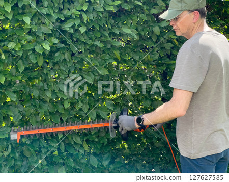 Man trimming bushes with electric hedge trimmer, hedge saw. Gardening and tidying up. Nature and garden maintenance 127627585