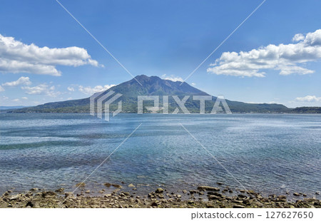 View of Sakurajima and the sea, Kagoshima Prefecture, Japan 127627650