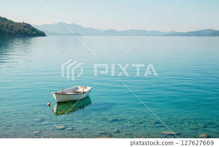 A calm, waveless blue lake and a lonely boat floating on it 127627669