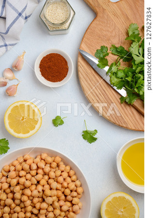 Ingredients for making hummus, top view. 127627834