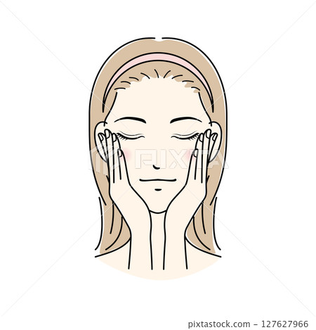 女人在做皮膚護理，雙手放在臉頰上 127627966