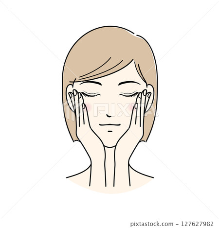 A woman with short hair doing skin care, hands on cheeks A woman with short hair doing skin care, hands on cheeks 127627982