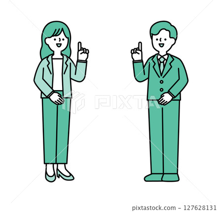 A simple full-body illustration of a smiling business person explaining something 127628131