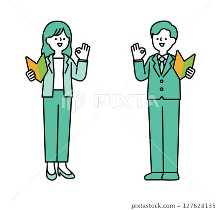 Full-body illustration of a business person holding a beginner's mark and posing positively Full-body illustration of a business person holding a beginner's mark and posing positively 127628135