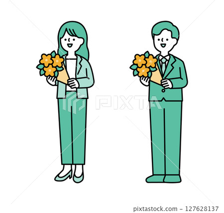 一位面帶微笑、手捧花束的商務人士的全身插畫 127628137