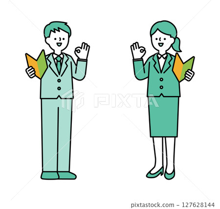 一位商務人士手持初學者標記並擺出積極姿勢的全身插圖 一位商務人士手持初學者標記並擺出積極姿勢的全身插圖 127628144